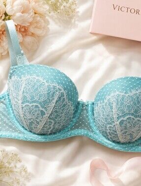 Victoria secret dream angels coquette lace teal sheer back bra lingerie 36c